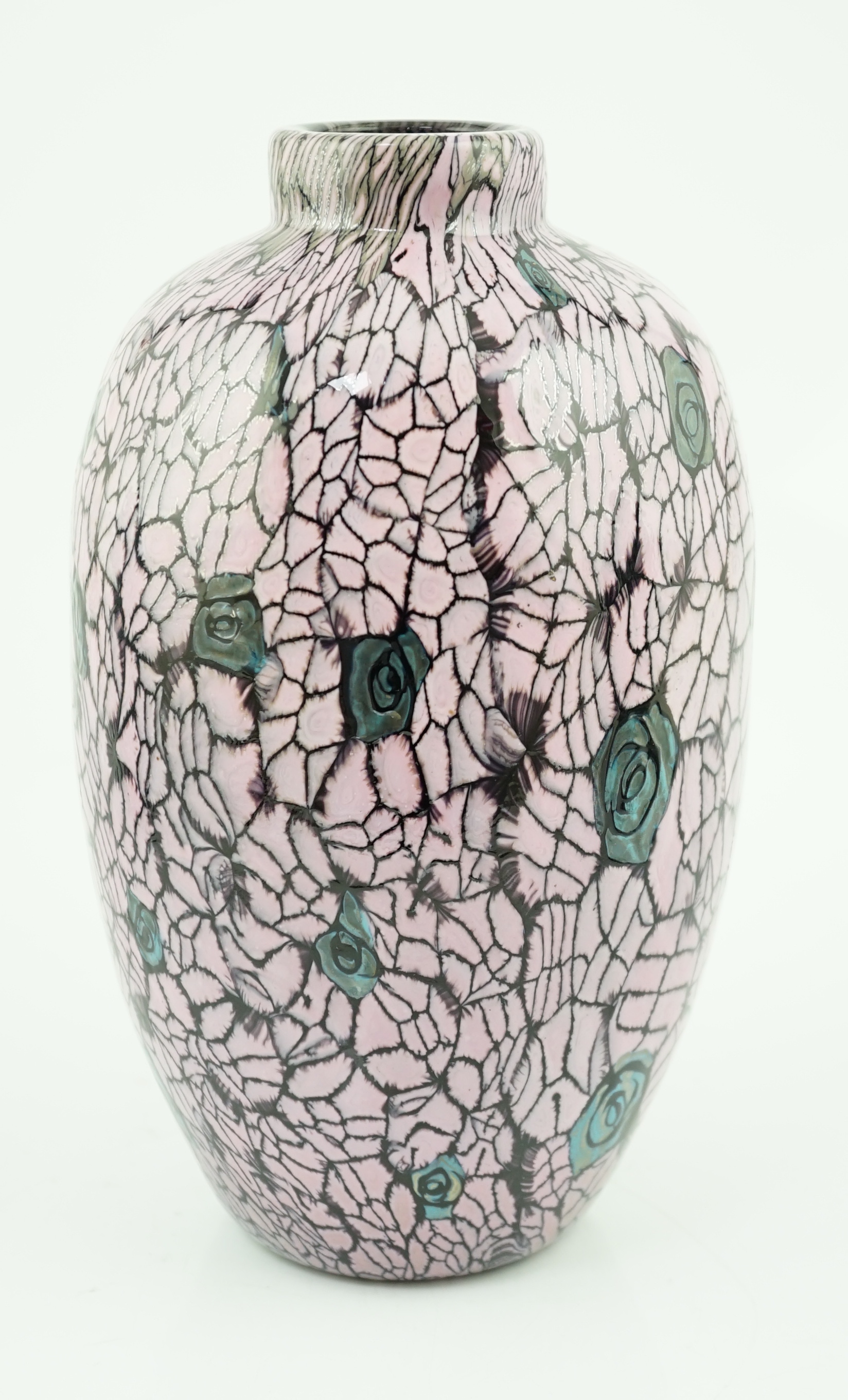Vittorio Ferro (1932-2012) A Murano glass Murrine vase, decorated with grey roses on a pink ground, unsigned, 27cm, Please note this lot attracts an additional import tax of 20% on the hammer price
